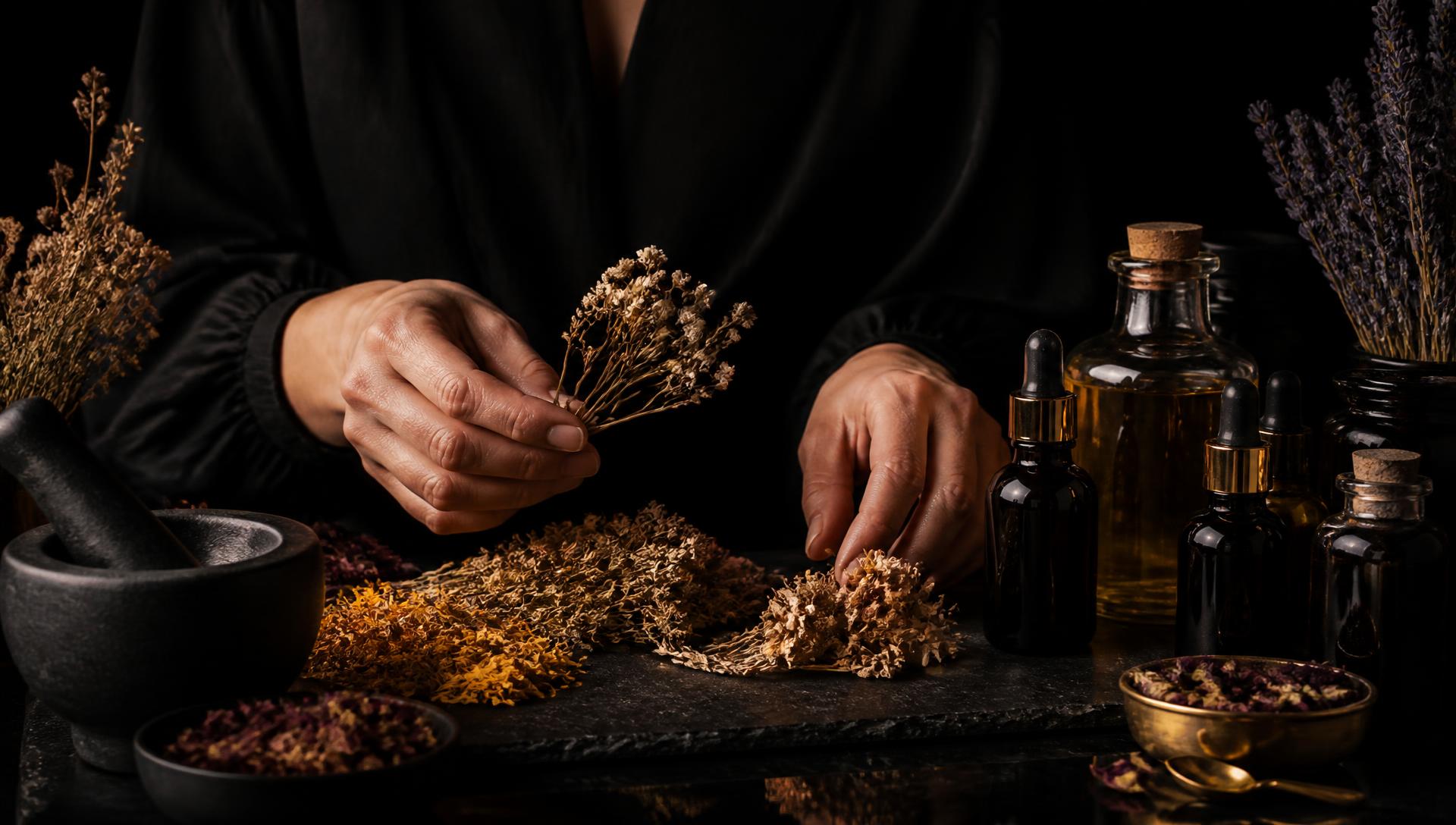 Naturopathic doctor preparing dried botanicals and herbal tinctures